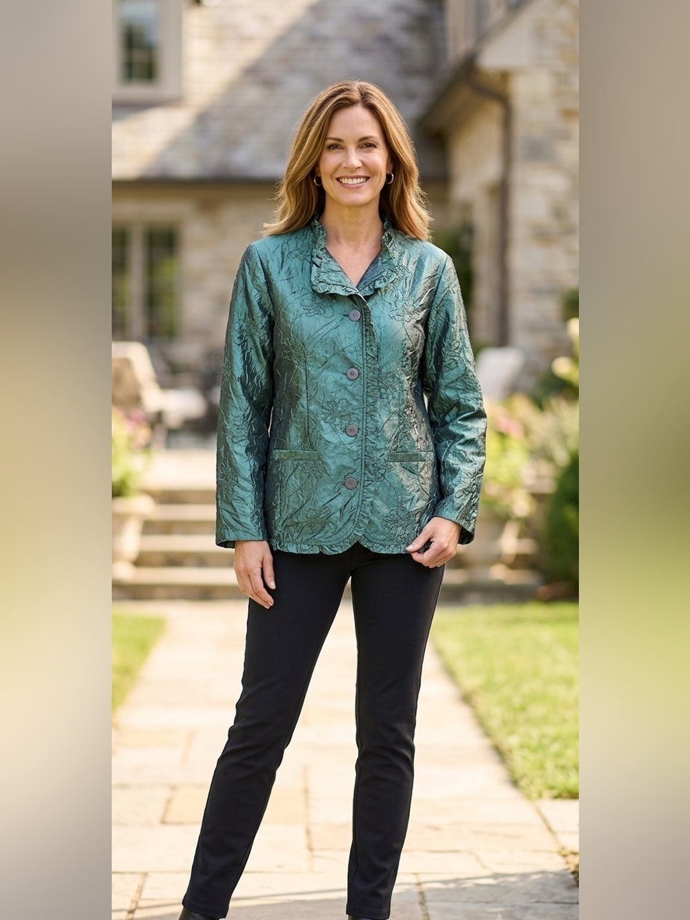 Norm Thompson Shiny Jade Green Jacket Sz XL Ruffle Collar Button Front Crinkle